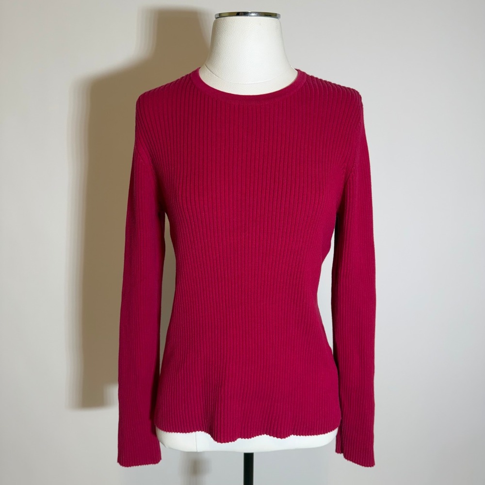 Lands End Ribbed Knit Crew Neck Long Sleeve Sweater Magenta Womens Medium 10-12